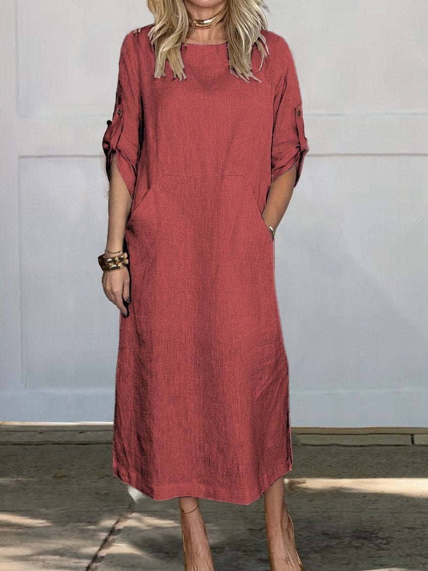 🔥Oferta Imperdível🔥 Vestido Feminino em Linho e Algodão com Bolsos Laterais – Casual e Confortável
