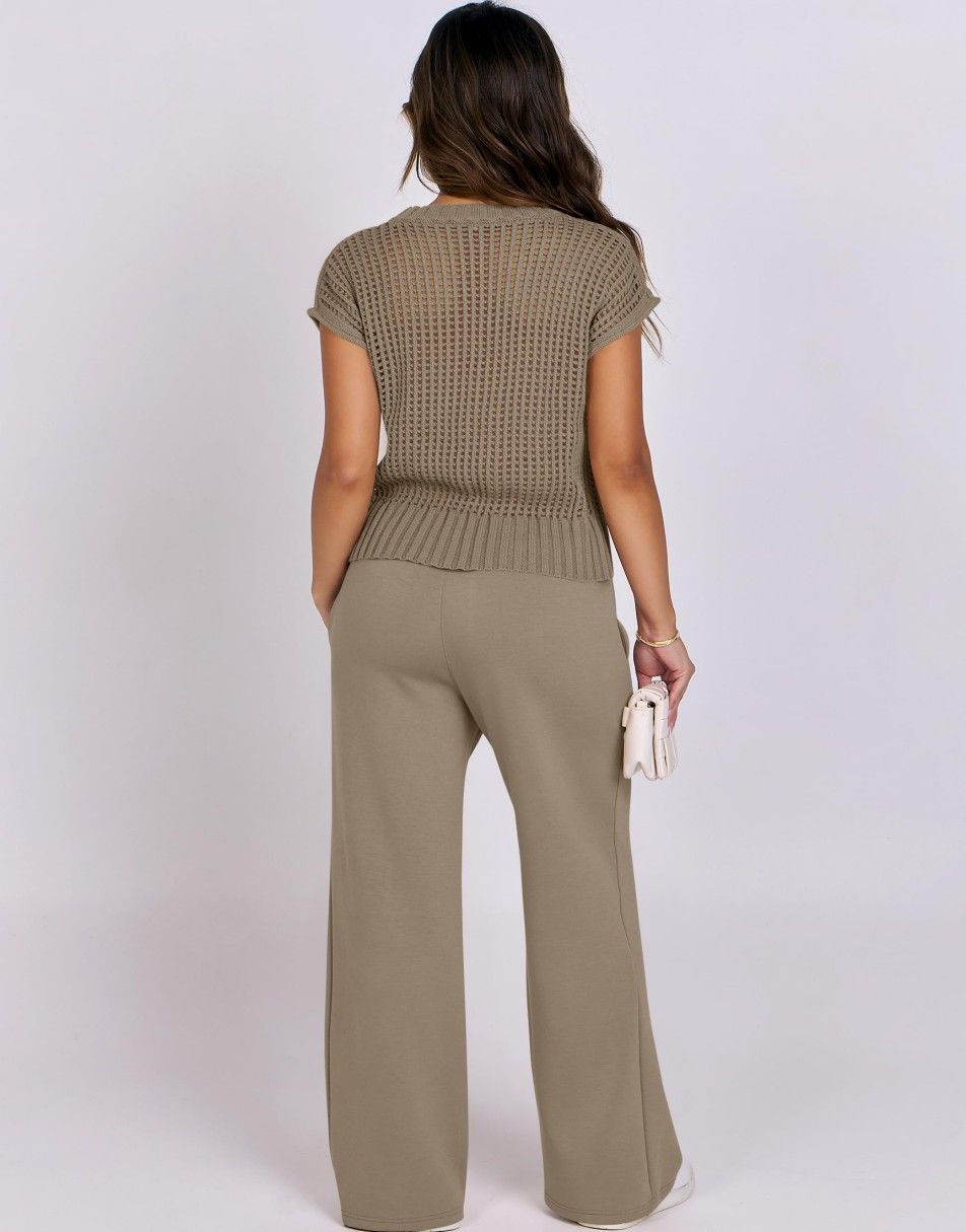 Conjunto Mavarina Crochê: Blusa Vazada e Calça Wide Leg Sofisticada