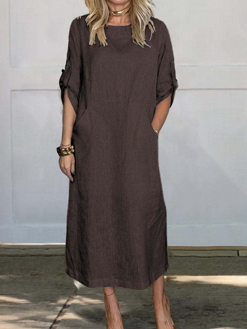 🔥Oferta Imperdível🔥 Vestido Feminino em Linho e Algodão com Bolsos Laterais – Casual e Confortável