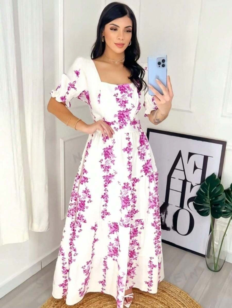 Vestido Longo Com Mangas Bufantes