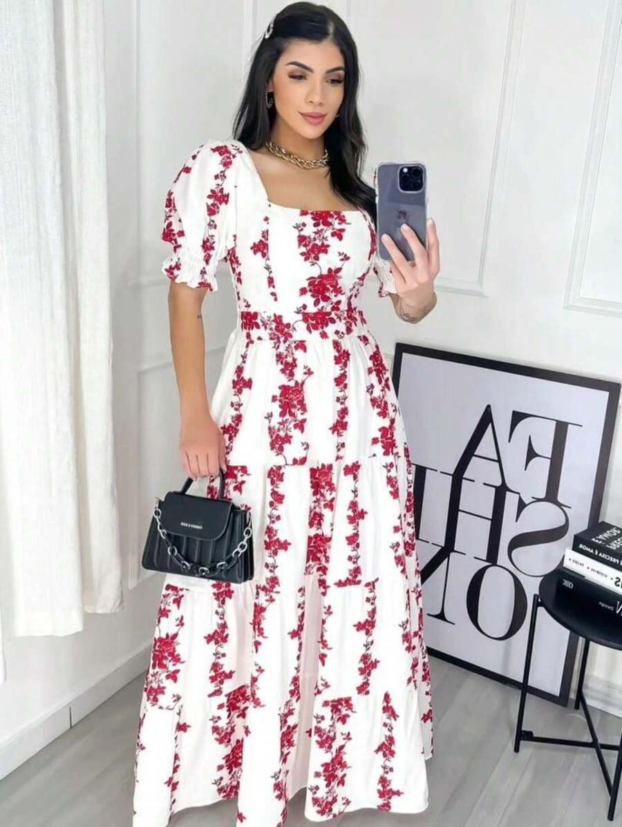 Vestido Longo Com Mangas Bufantes