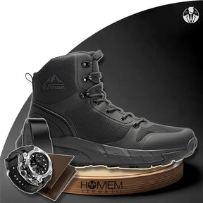 Bota Masculina Cano Médio Norti em Couro Legítimo e Nylon + 3 BRINDES Brutos: Relógio Tático, Cinto e Carteira