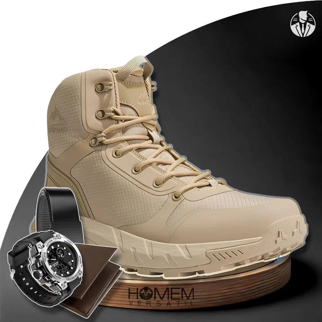 Bota Masculina Cano Médio Norti em Couro Legítimo e Nylon + 3 BRINDES Brutos: Relógio Tático, Cinto e Carteira