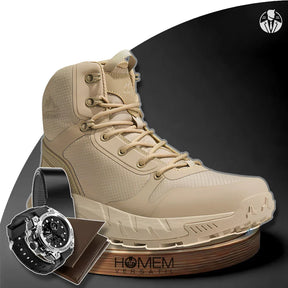 Bota Masculina Cano Médio Norti em Couro Legítimo e Nylon + 3 BRINDES Brutos: Relógio Tático, Cinto e Carteira