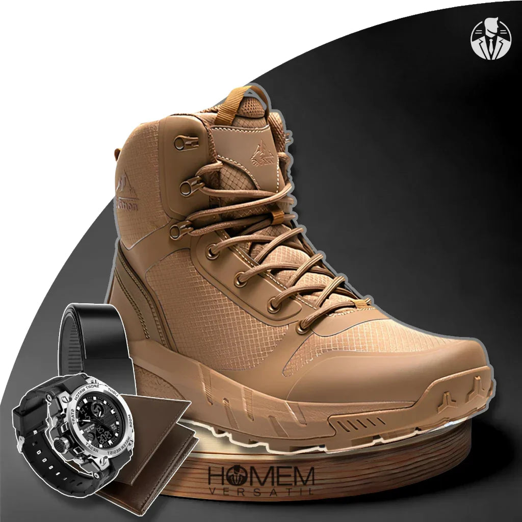 Bota Masculina Cano Médio Norti em Couro Legítimo e Nylon + 3 BRINDES Brutos: Relógio Tático, Cinto e Carteira