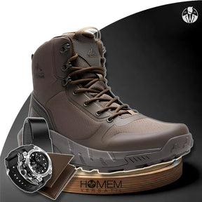 Bota Masculina Cano Médio Norti em Couro Legítimo e Nylon + 3 BRINDES Brutos: Relógio Tático, Cinto e Carteira