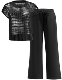 Conjunto Mavarina Crochê: Blusa Vazada e Calça Wide Leg Sofisticada
