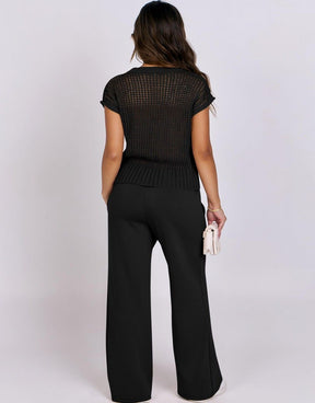 Conjunto Mavarina Crochê: Blusa Vazada e Calça Wide Leg Sofisticada