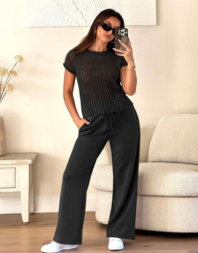 Conjunto Mavarina Crochê: Blusa Vazada e Calça Wide Leg Sofisticada