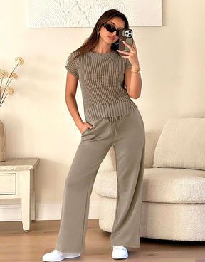 Conjunto Mavarina Crochê: Blusa Vazada e Calça Wide Leg Sofisticada