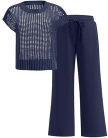 Conjunto Mavarina Crochê: Blusa Vazada e Calça Wide Leg Sofisticada