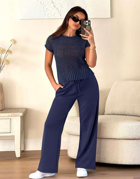 Conjunto Mavarina Crochê: Blusa Vazada e Calça Wide Leg Sofisticada