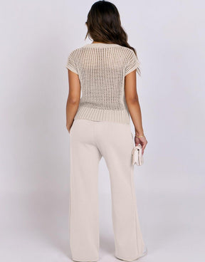 Conjunto Mavarina Crochê: Blusa Vazada e Calça Wide Leg Sofisticada