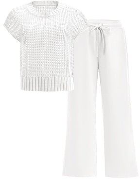 Conjunto Mavarina Crochê: Blusa Vazada e Calça Wide Leg Sofisticada