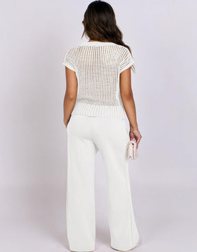 Conjunto Mavarina Crochê: Blusa Vazada e Calça Wide Leg Sofisticada