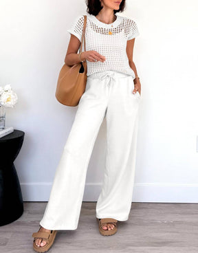 Conjunto Mavarina Crochê: Blusa Vazada e Calça Wide Leg Sofisticada