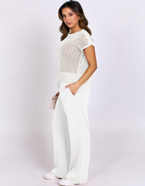 Conjunto Mavarina Crochê: Blusa Vazada e Calça Wide Leg Sofisticada