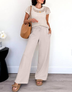 Conjunto Mavarina Crochê: Blusa Vazada e Calça Wide Leg Sofisticada