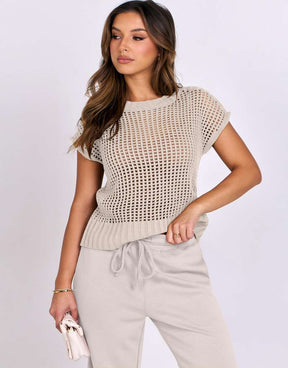 Conjunto Mavarina Crochê: Blusa Vazada e Calça Wide Leg Sofisticada