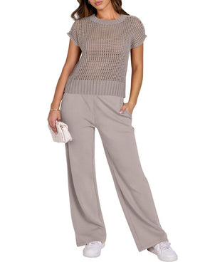 Conjunto Mavarina Crochê: Blusa Vazada e Calça Wide Leg Sofisticada