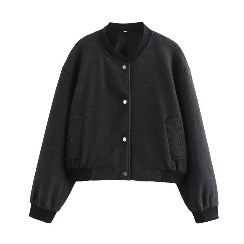 Jaqueta bomber feminina cropped TRAF, casacos de manga comprida, casacos elegantes de tweed, bege e preto, novidade em 2021, 2024