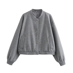 Jaqueta bomber feminina cropped TRAF, casacos de manga comprida, casacos elegantes de tweed, bege e preto, novidade em 2021, 2024