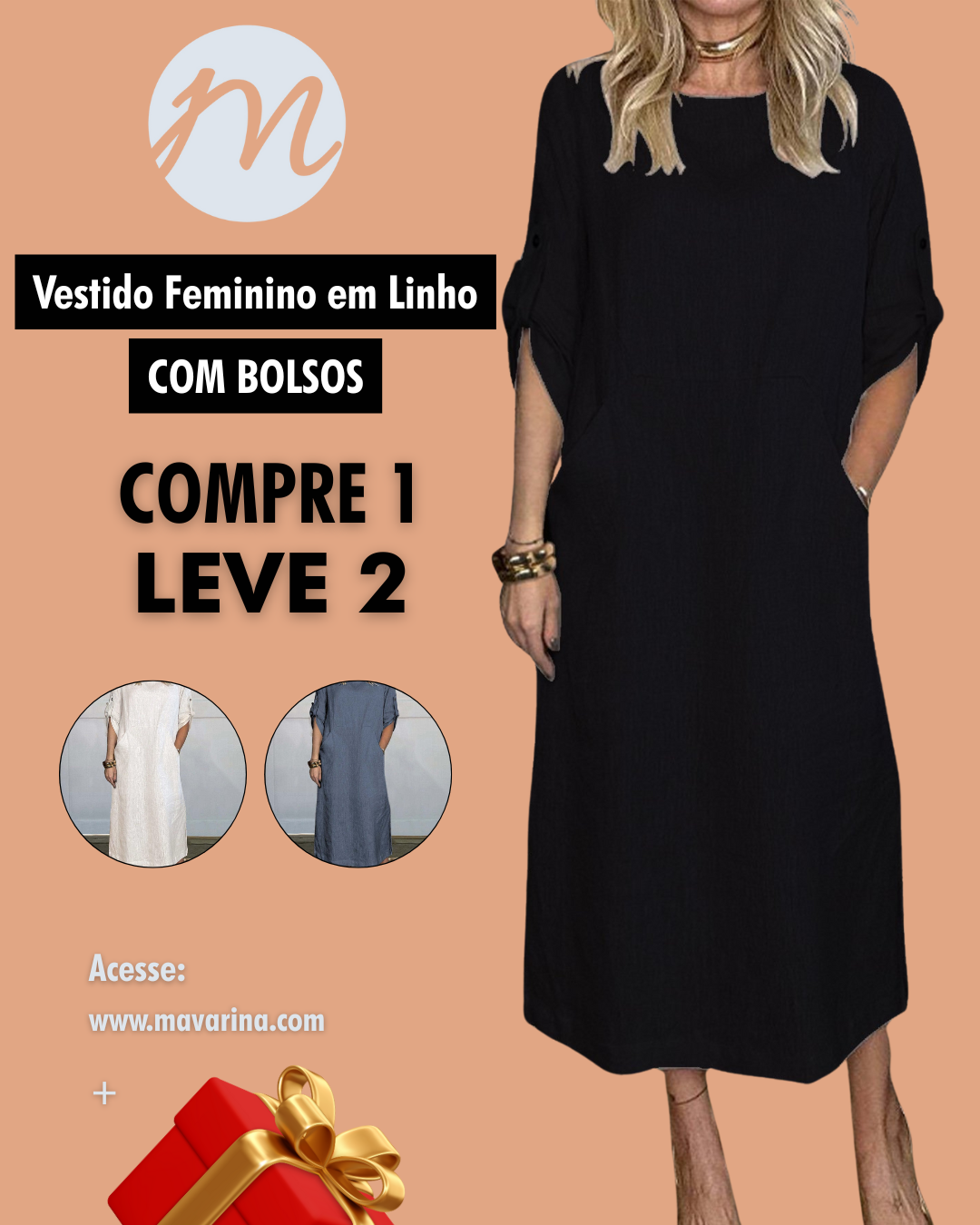 Compre 1 Leve 2! - Vestido Feminino em Linho com Bolsos – Leve, Casual e Confortável